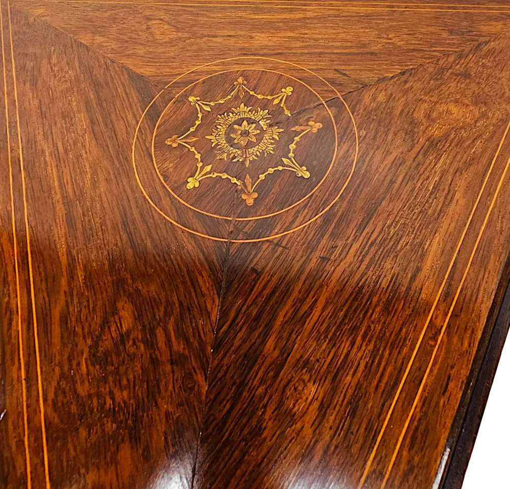 A Gorgeous Late 19th Century Inlaid Drop Leaf Triangular Occasional or Lamp Table