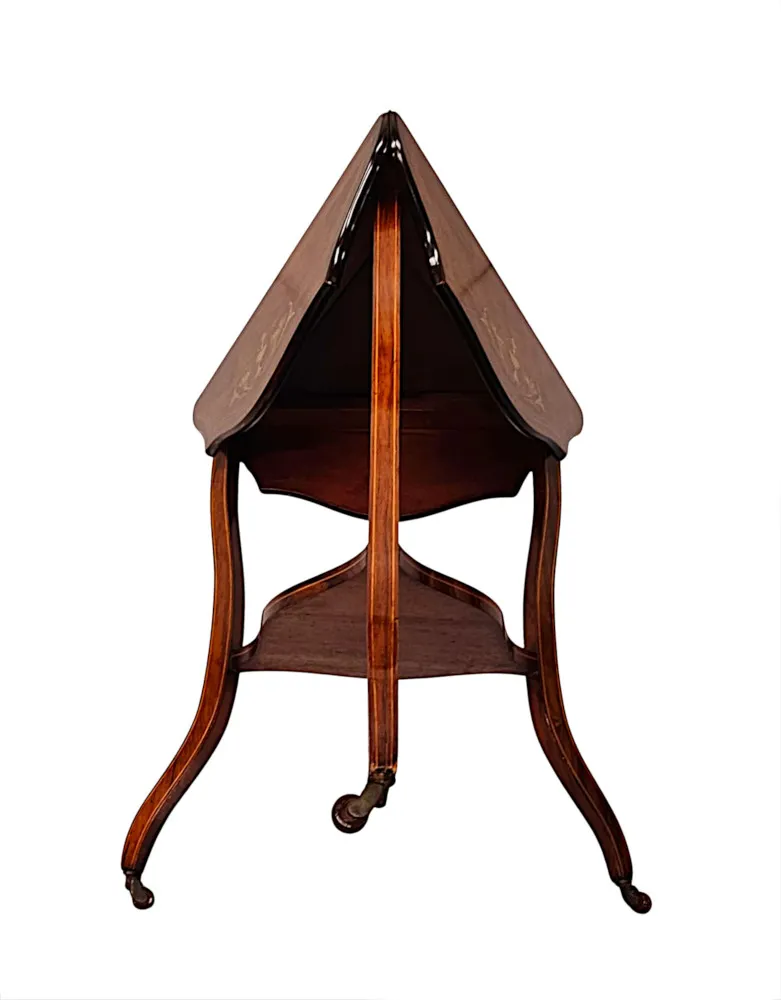 A Gorgeous Late 19th Century Inlaid Drop Leaf Triangular Occasional or Lamp Table