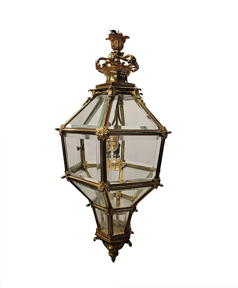  A Very Rare Early 20th Century Gilded Bronze Hall Lantern with Bevelled Glass