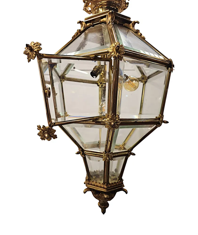  A Very Rare Early 20th Century Gilded Bronze Hall Lantern with Bevelled Glass