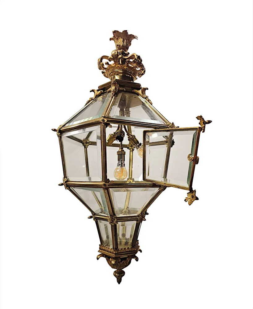  A Very Rare Early 20th Century Gilded Bronze Hall Lantern with Bevelled Glass