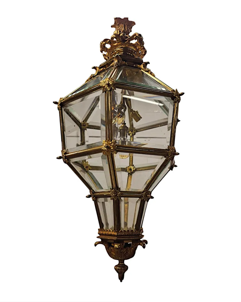  A Very Rare Early 20th Century Gilded Bronze Hall Lantern with Bevelled Glass