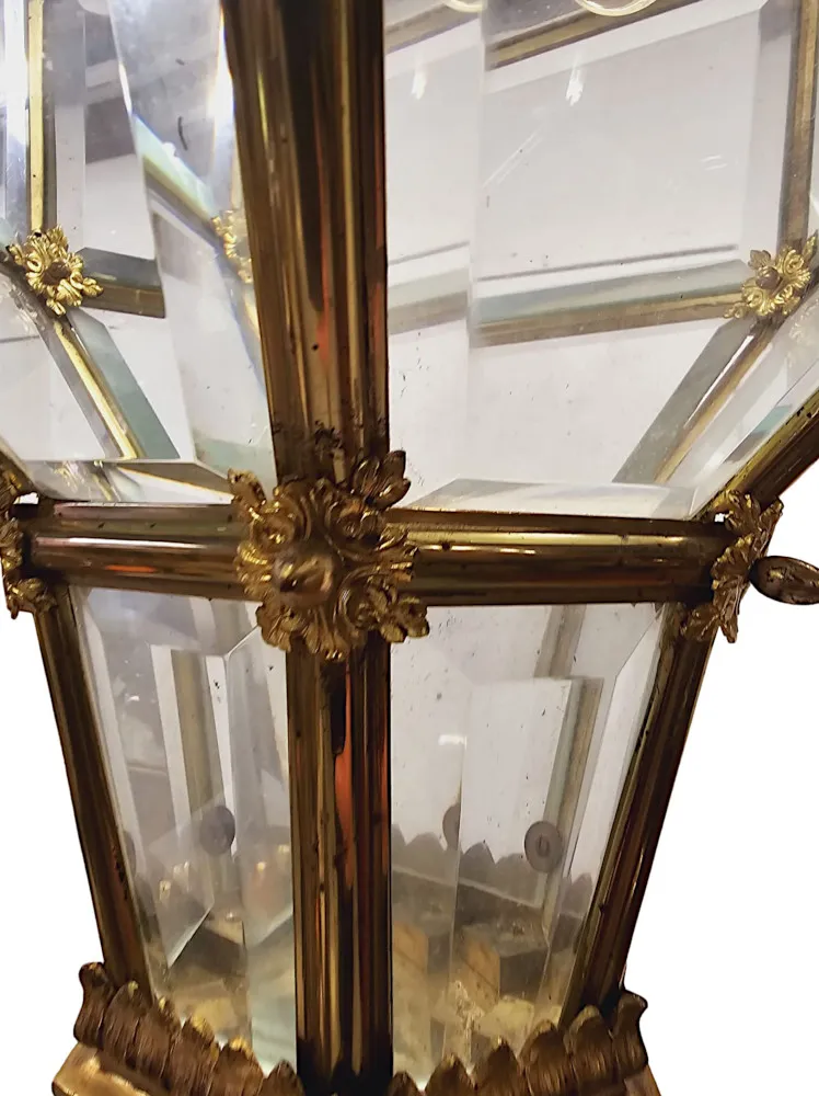  A Very Rare Early 20th Century Gilded Bronze Hall Lantern with Bevelled Glass