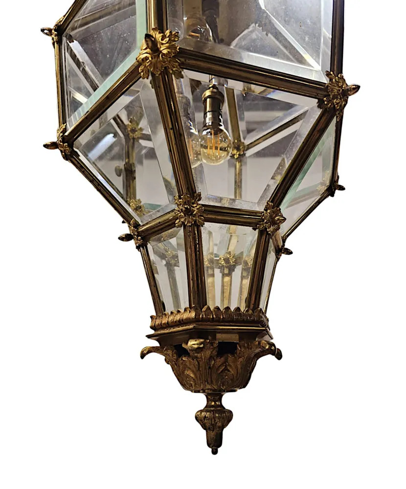  A Very Rare Early 20th Century Gilded Bronze Hall Lantern with Bevelled Glass