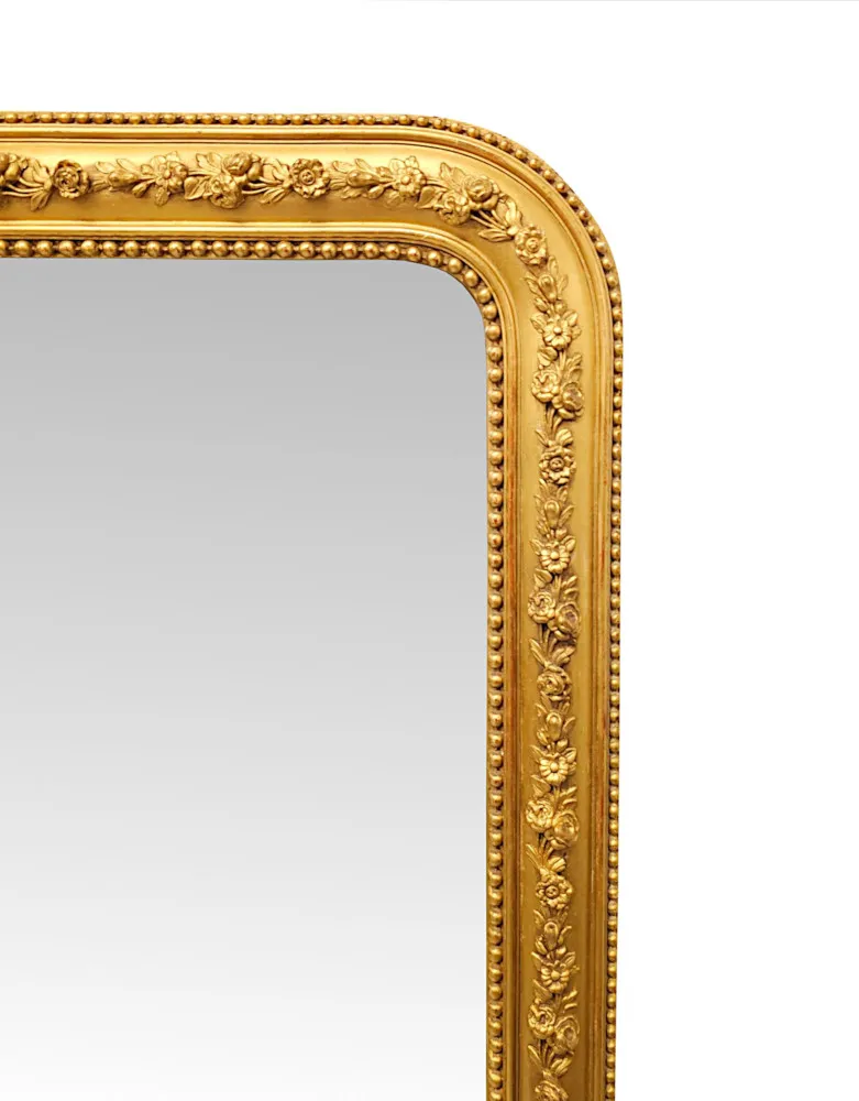 A Stunning Large Size 19th Century Giltwood Overmantel Mirror with Flower Detailing