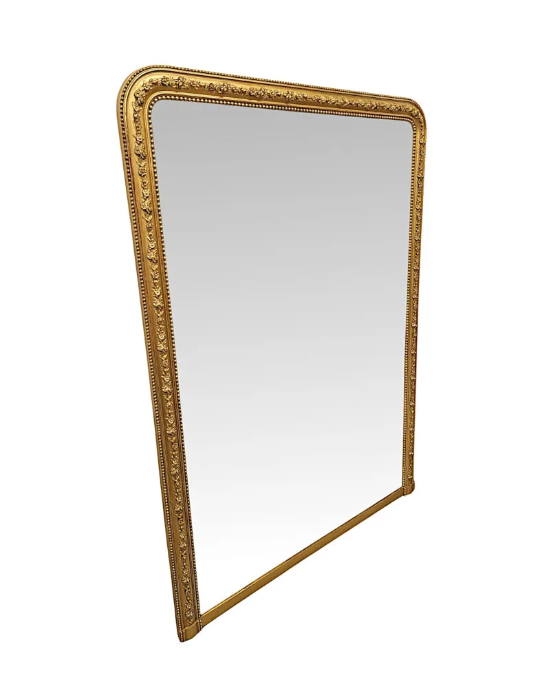 A Stunning Large Size 19th Century Giltwood Overmantel Mirror with Flower Detailing