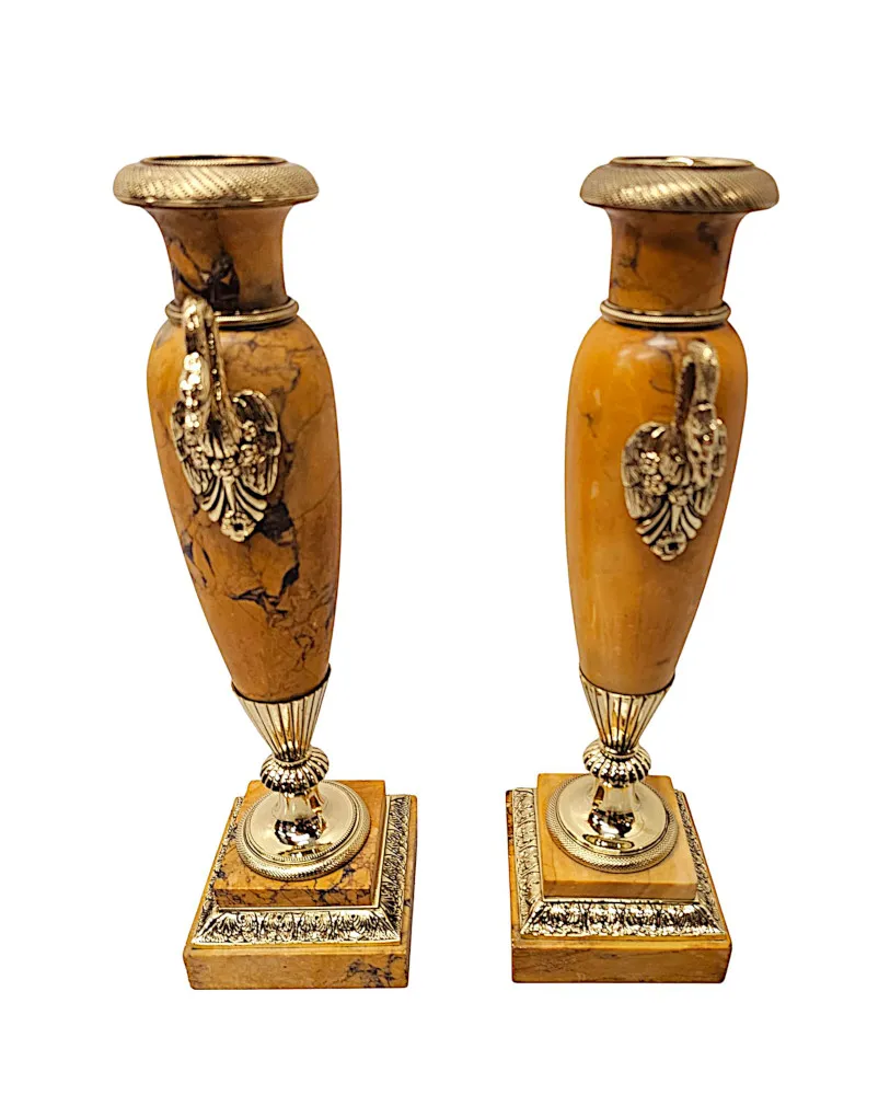 A Very Rare Pair of 19th Century Sienna Marble Urns With Polished Brass Mounts