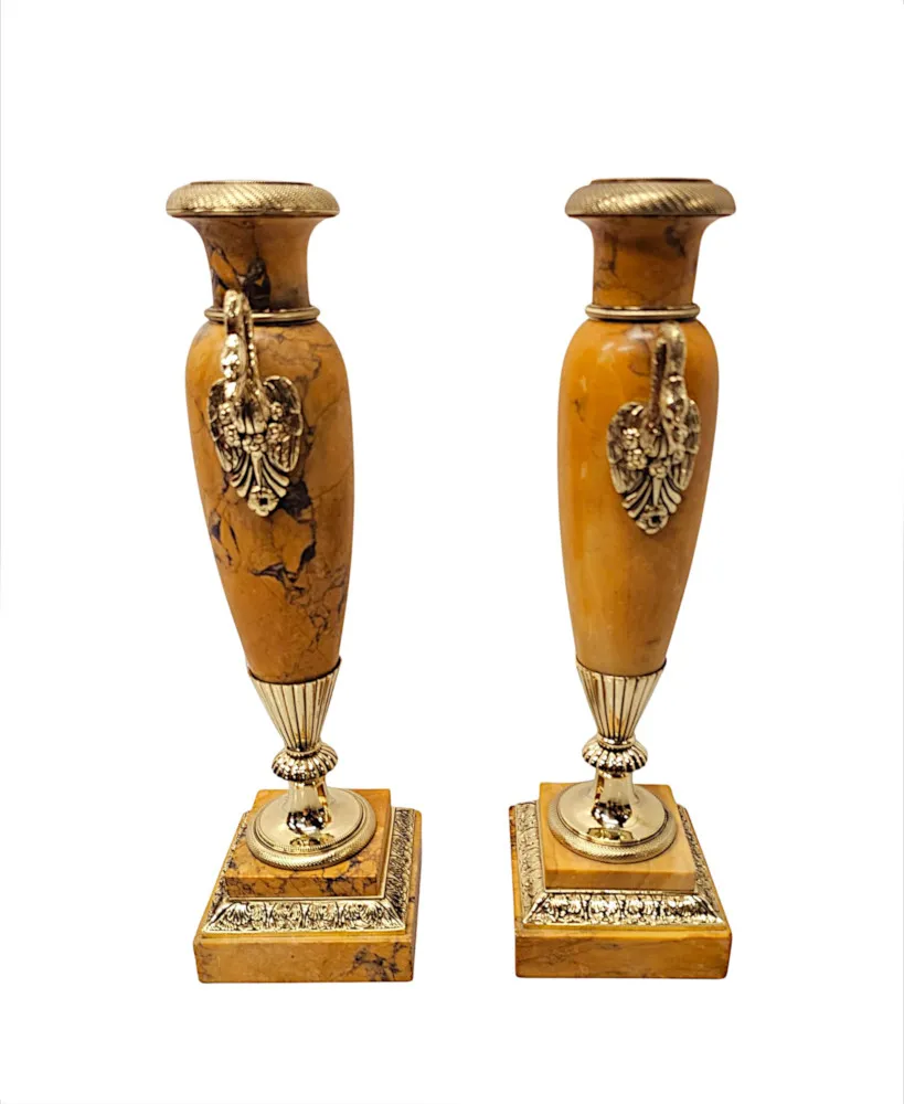 A Very Rare Pair of 19th Century Sienna Marble Urns With Polished Brass Mounts