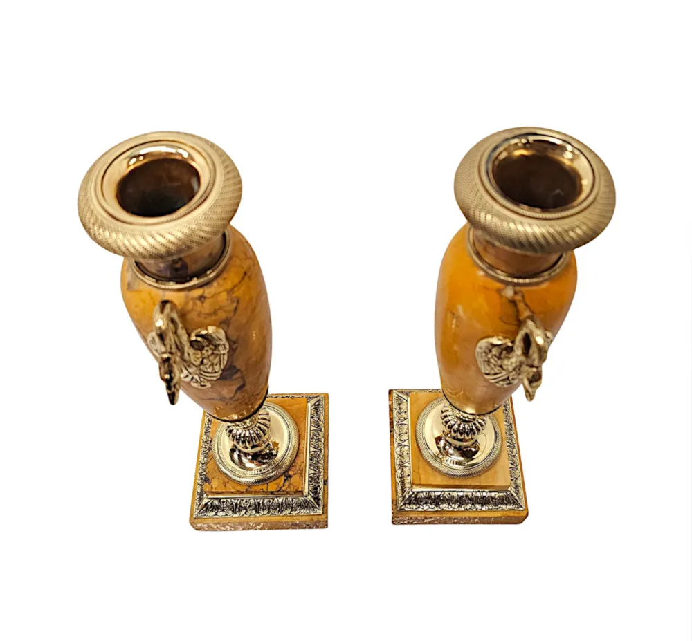A Very Rare Pair of 19th Century Sienna Marble Urns With Polished Brass Mounts