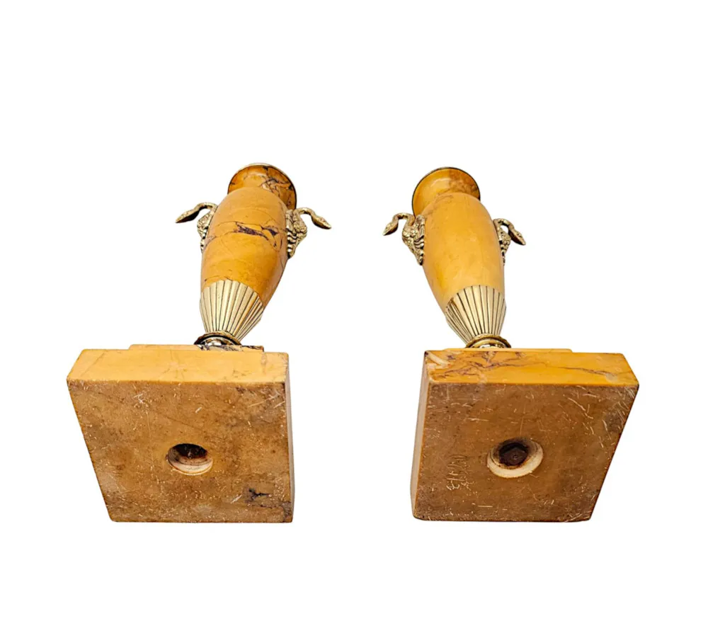 A Very Rare Pair of 19th Century Sienna Marble Urns With Polished Brass Mounts