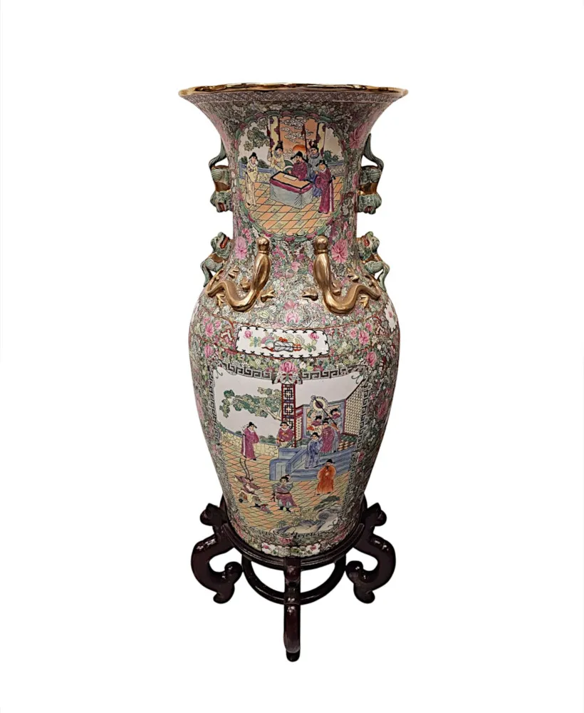 A Very Fine and Impressive Pair of Early 20th Century Oriental Hand Painted Urns on Timber Stands