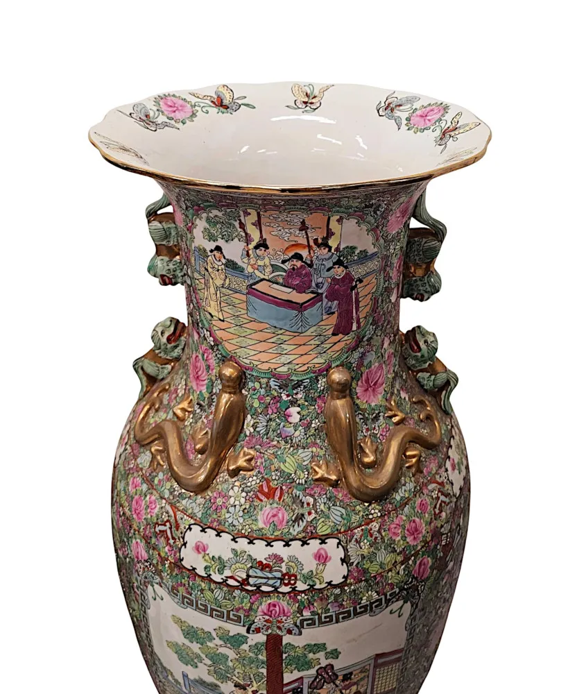 A Very Fine and Impressive Pair of Early 20th Century Oriental Hand Painted Urns on Timber Stands