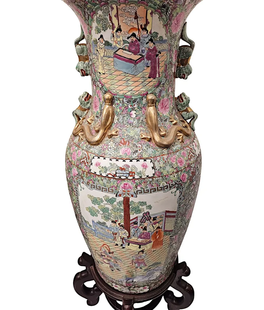 A Very Fine and Impressive Pair of Early 20th Century Oriental Hand Painted Urns on Timber Stands