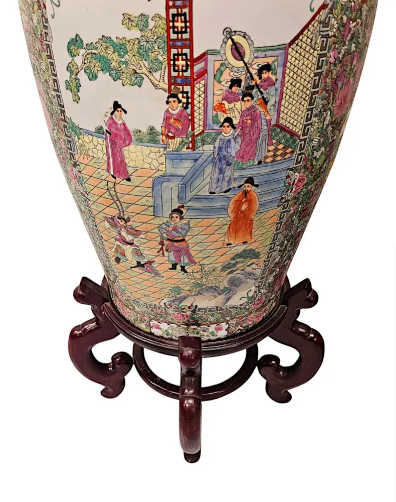 A Very Fine and Impressive Pair of Early 20th Century Oriental Hand Painted Urns on Timber Stands