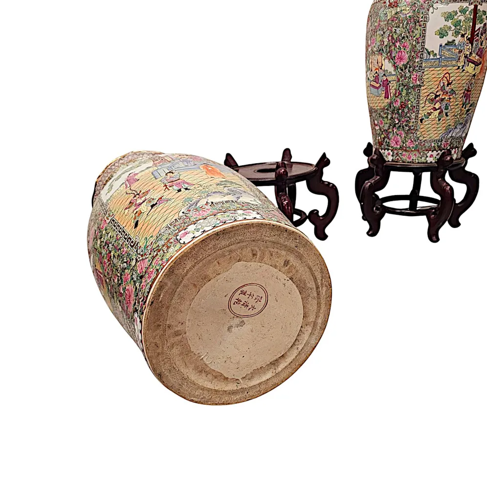 A Very Fine and Impressive Pair of Early 20th Century Oriental Hand Painted Urns on Timber Stands