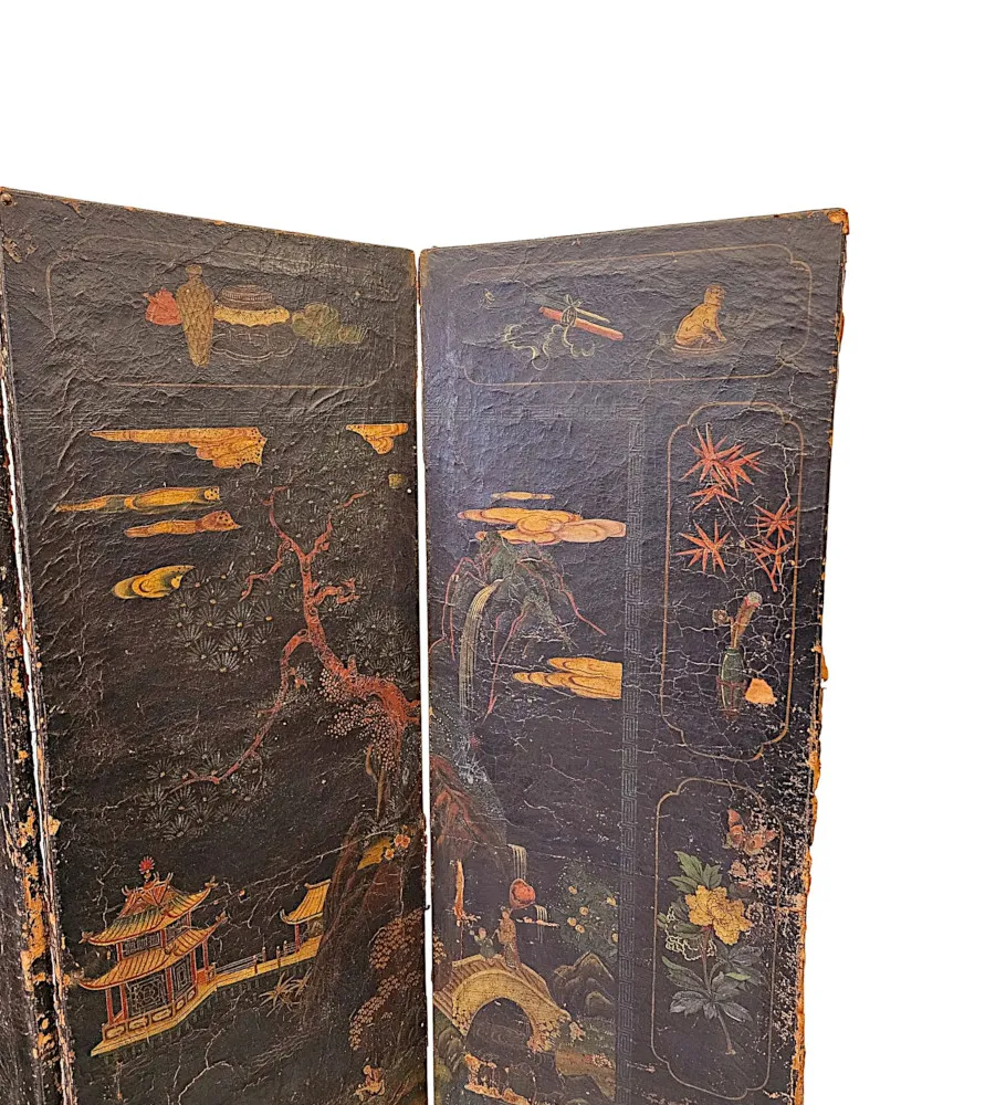 A Very Fine and Unusual 19th Century Country House Four Fold Oriental Screen With Hide Painted Panels