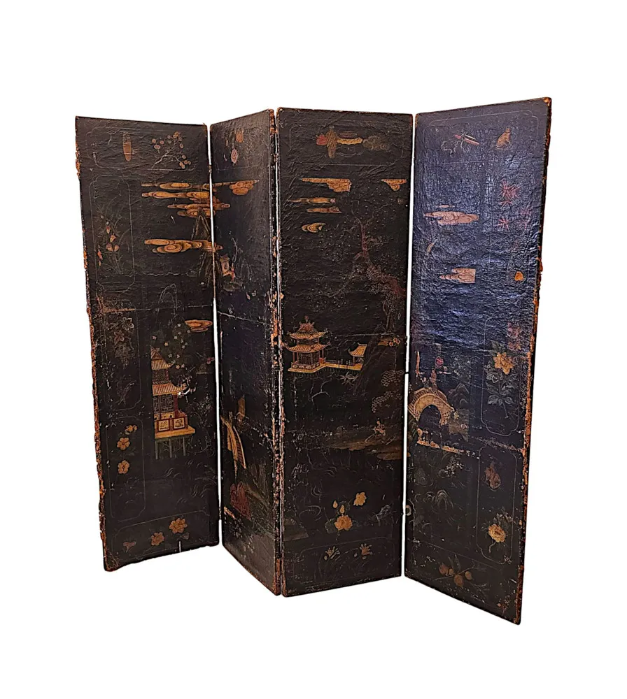 A Very Fine and Unusual 19th Century Country House Four Fold Oriental Screen With Hide Painted Panels