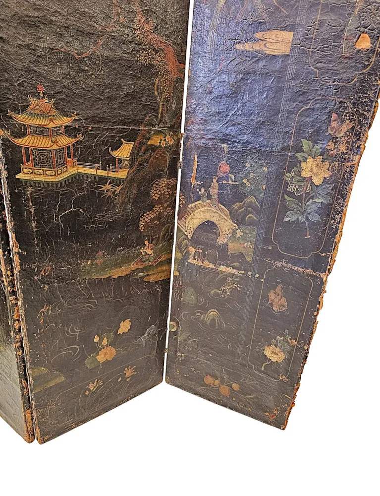 A Very Fine and Unusual 19th Century Country House Four Fold Oriental Screen With Hide Painted Panels