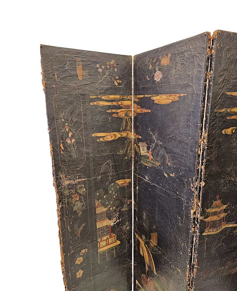 A Very Fine and Unusual 19th Century Country House Four Fold Oriental Screen With Hide Painted Panels