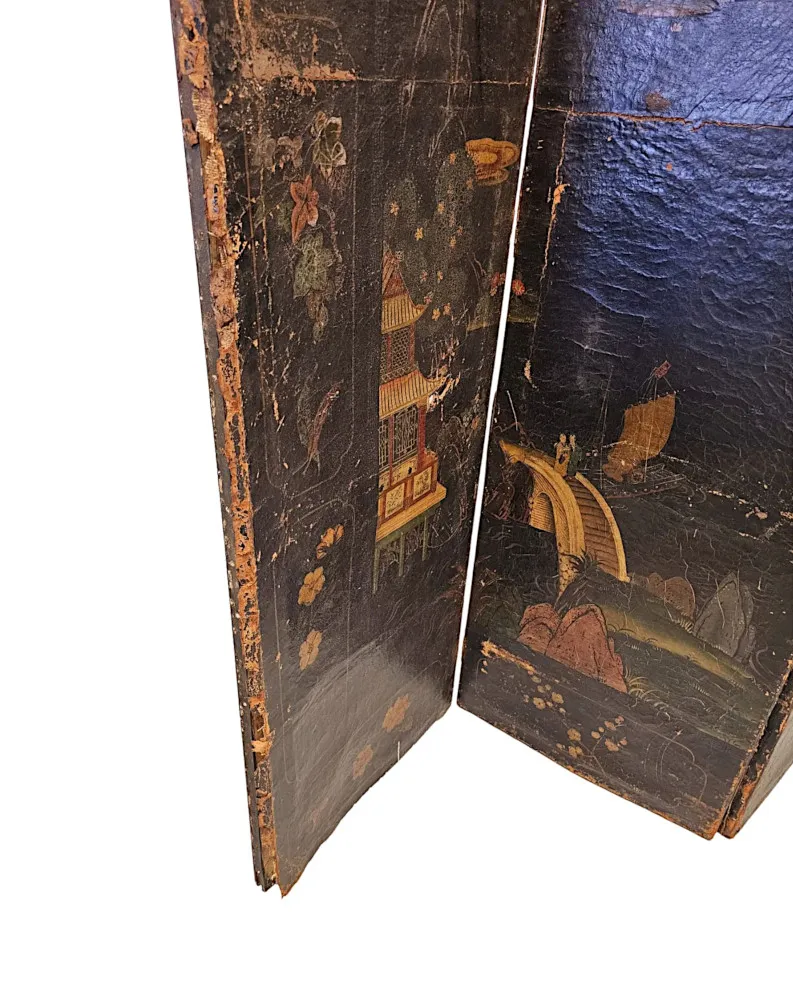 A Very Fine and Unusual 19th Century Country House Four Fold Oriental Screen With Hide Painted Panels