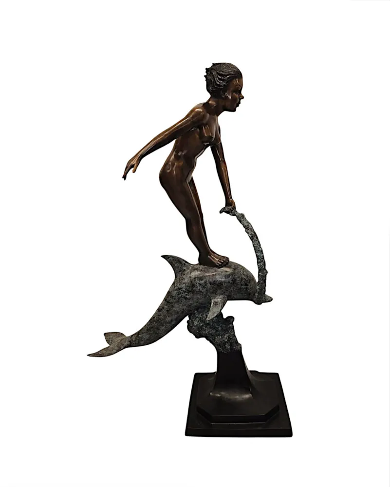  A Very Fine Bronze Figurative Garden Sculpture of a Lady and Dolphin 