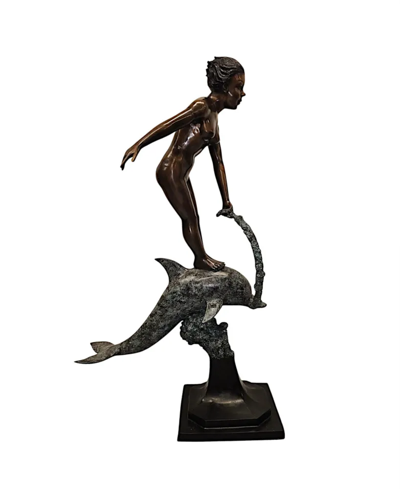  A Very Fine Bronze Figurative Garden Sculpture of a Lady and Dolphin 