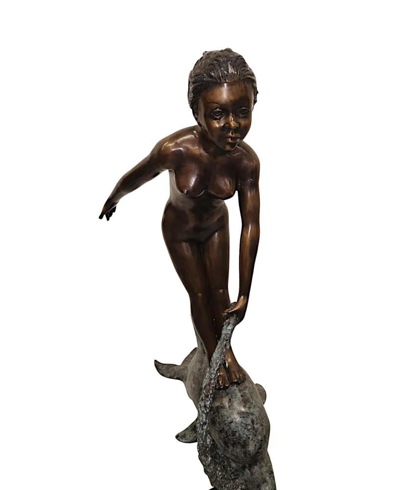  A Very Fine Bronze Figurative Garden Sculpture of a Lady and Dolphin 