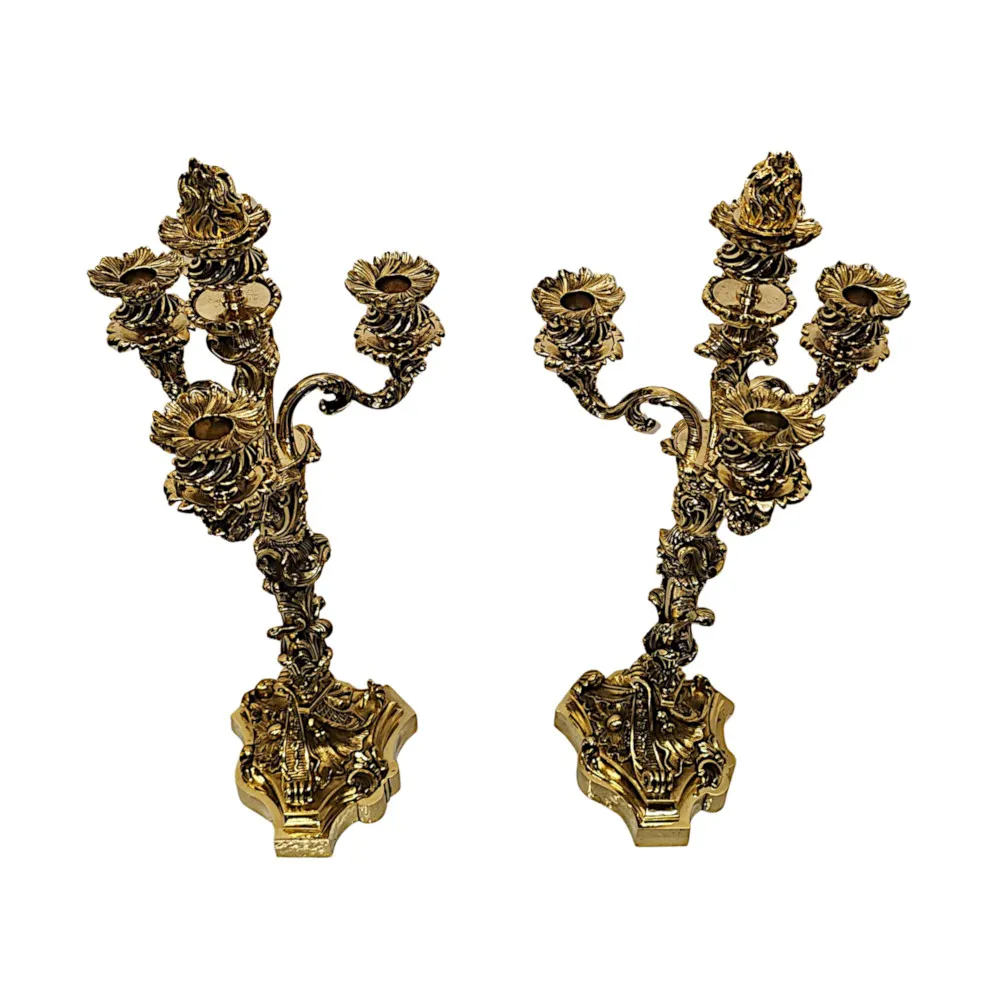 A Stunning 19th Century Pair of Fully Polished Brass Candelabra