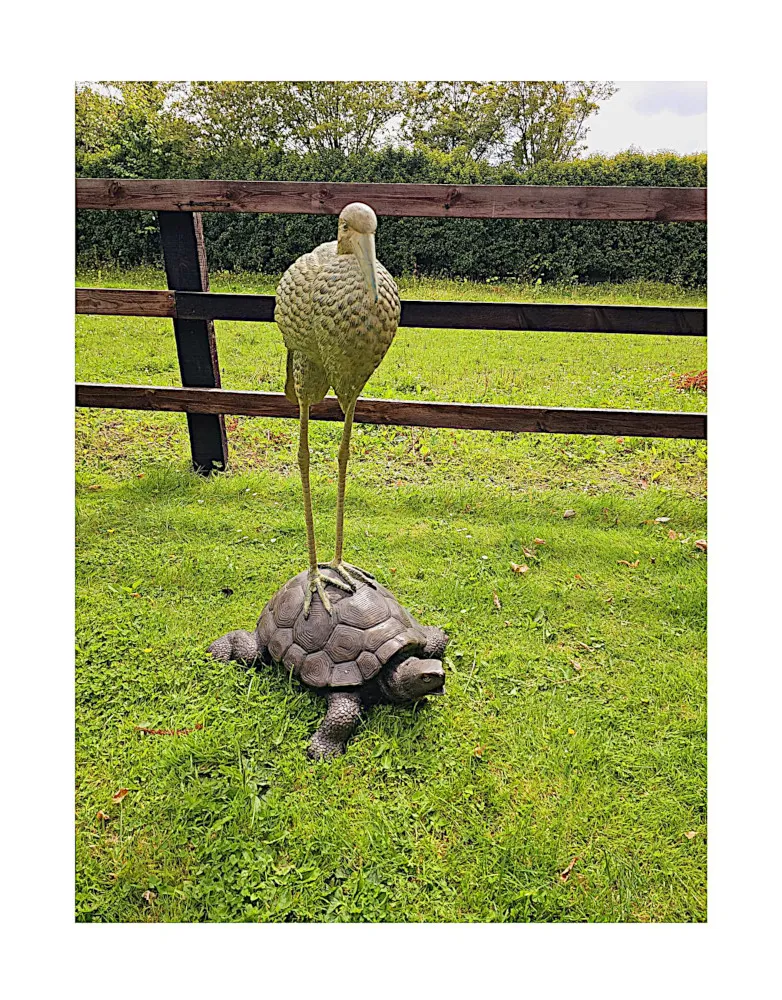 A Very Fine Bronze Animalier Garden Sculpture of a Tortoise and a Heron