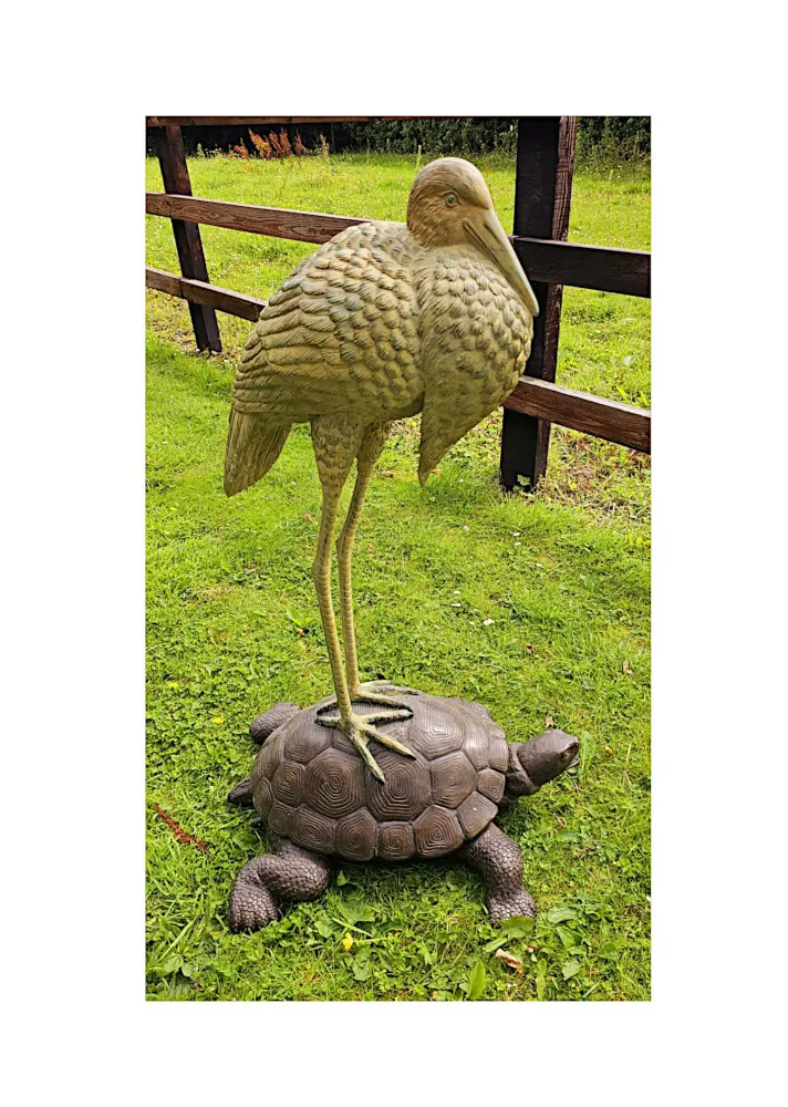 A Very Fine Bronze Animalier Garden Sculpture of a Tortoise and a Heron