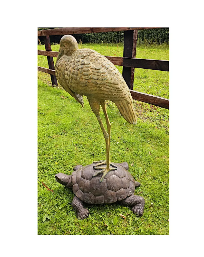A Very Fine Bronze Animalier Garden Sculpture of a Tortoise and a Heron
