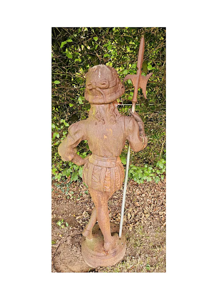 A Very Fine 20th Century Large Pair of Cast Iron Figurative Garden Sculpture of a Pair of Swiss Guards