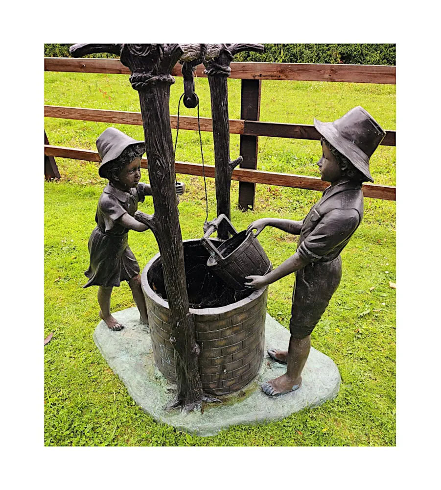 A Very Fine 20th Century Bronze Figuraral Garden Sculpture of Children at a Well