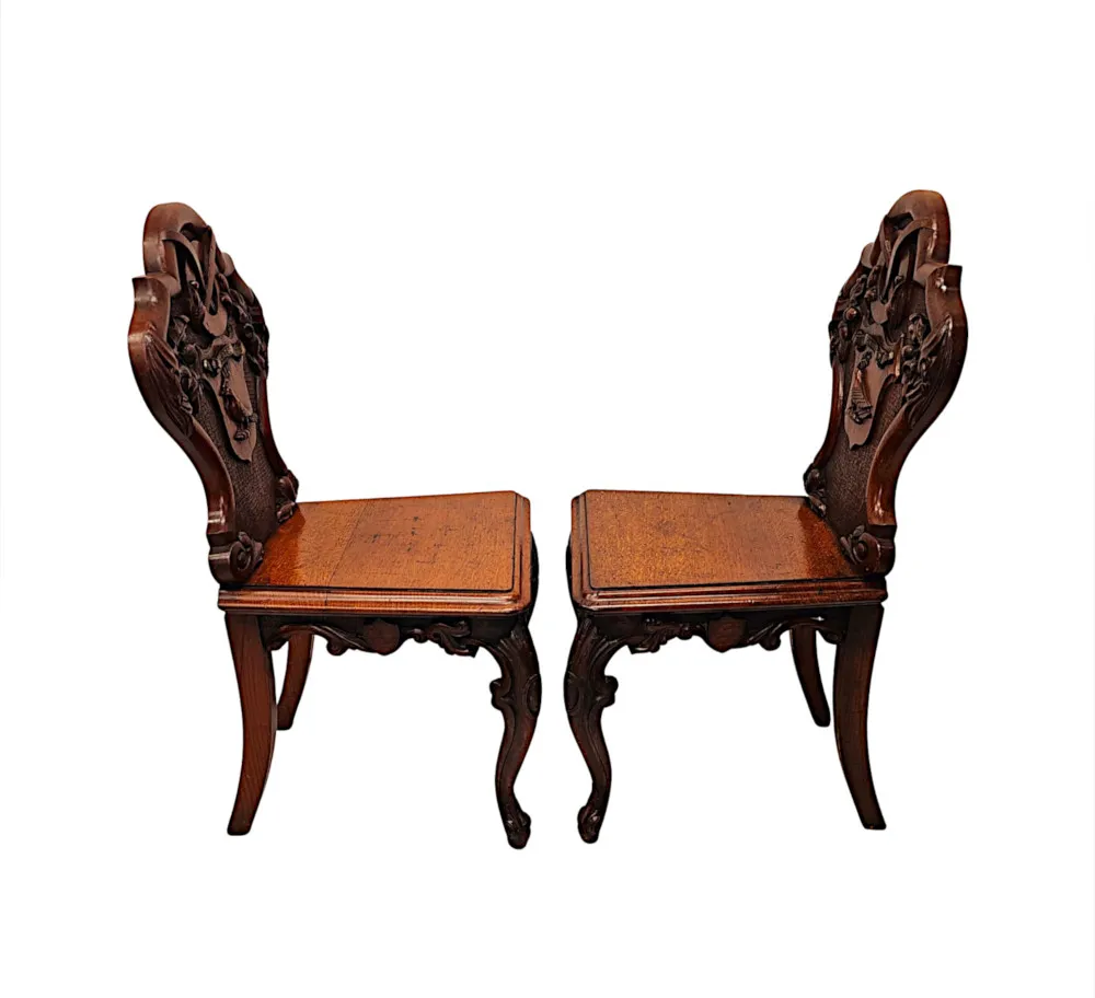 A Very Rare Pair of 19th Century Heavy Carved Oak English Country House Hall Chairs