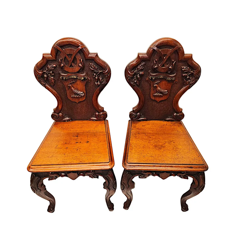 A Very Rare Pair of 19th Century Heavy Carved Oak English Country House Hall Chairs