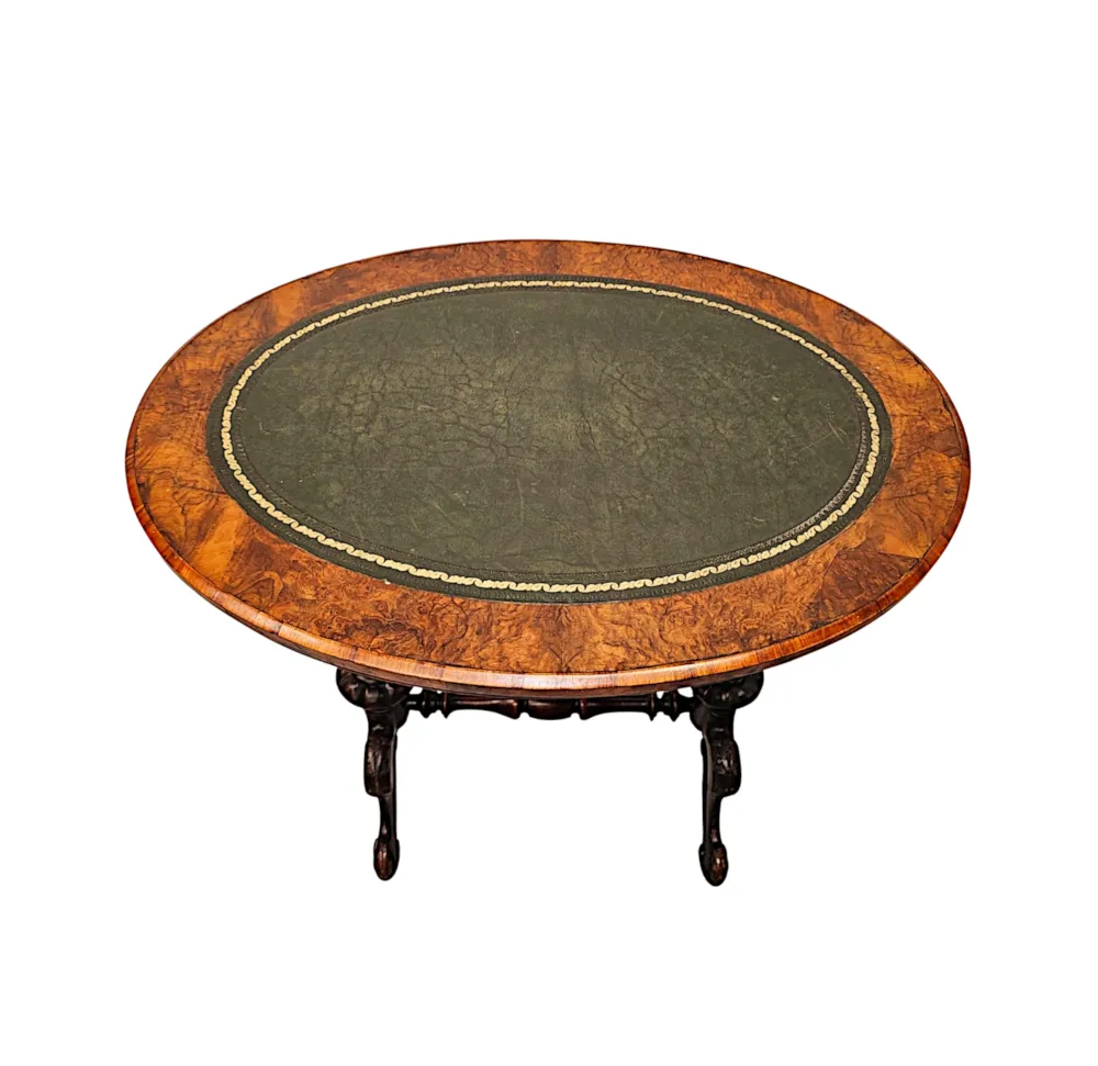 A Stunning 19th Century Neat Size Burr Walnut Lamp or Occasional Table with Leather Insert