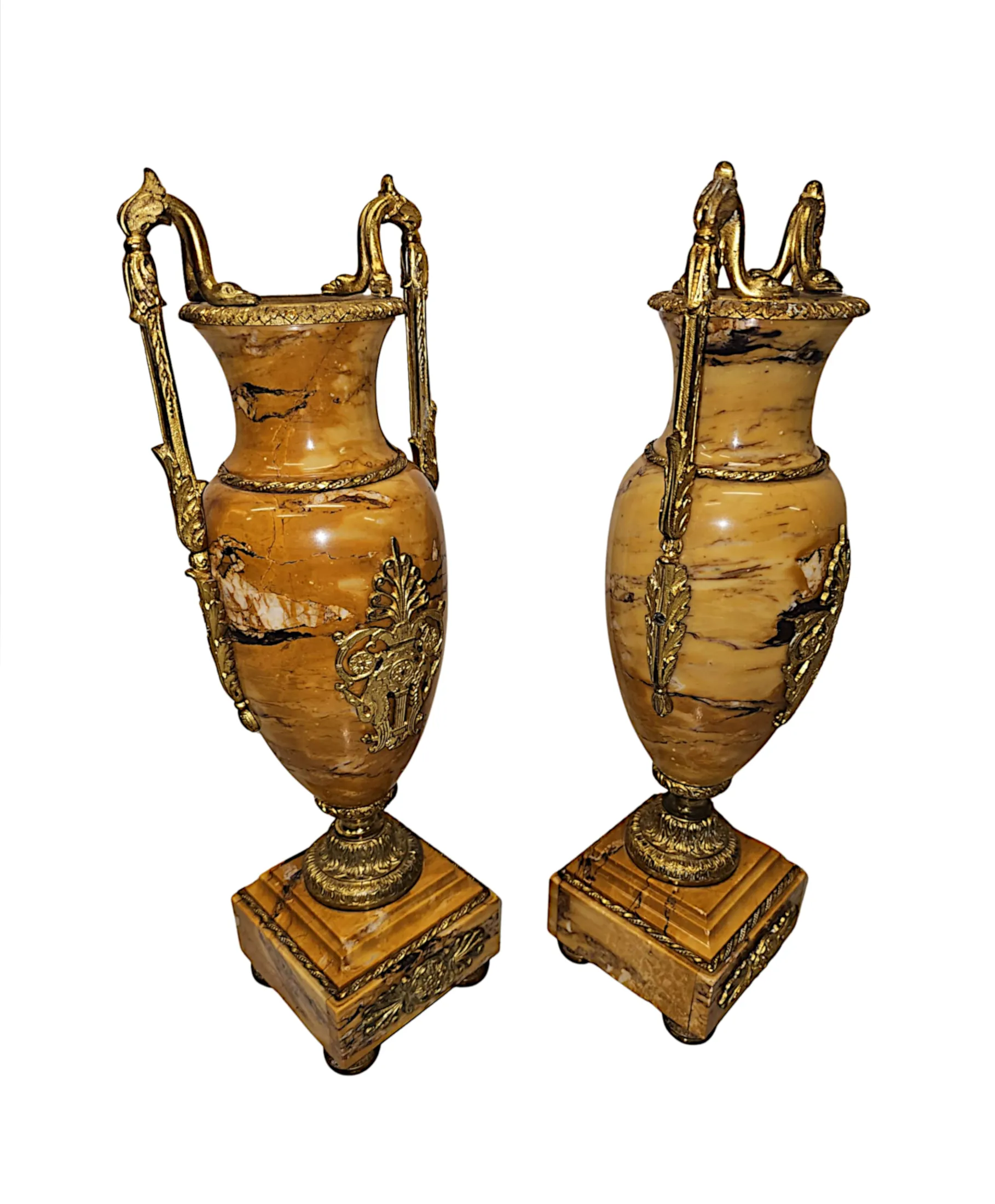 A Very Rare and Fine Pair of 19th Century Sienna Marble Urns with Gilded Bronze Mounts