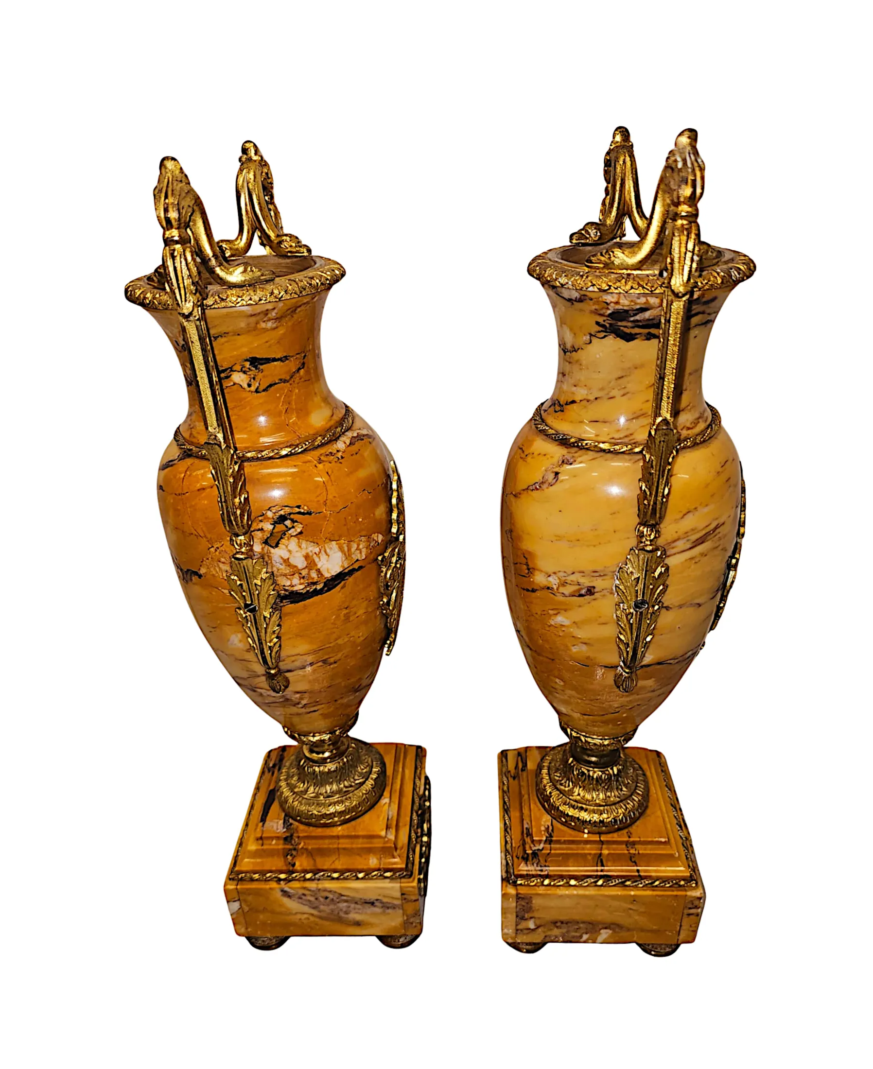 A Very Rare and Fine Pair of 19th Century Sienna Marble Urns with Gilded Bronze Mounts