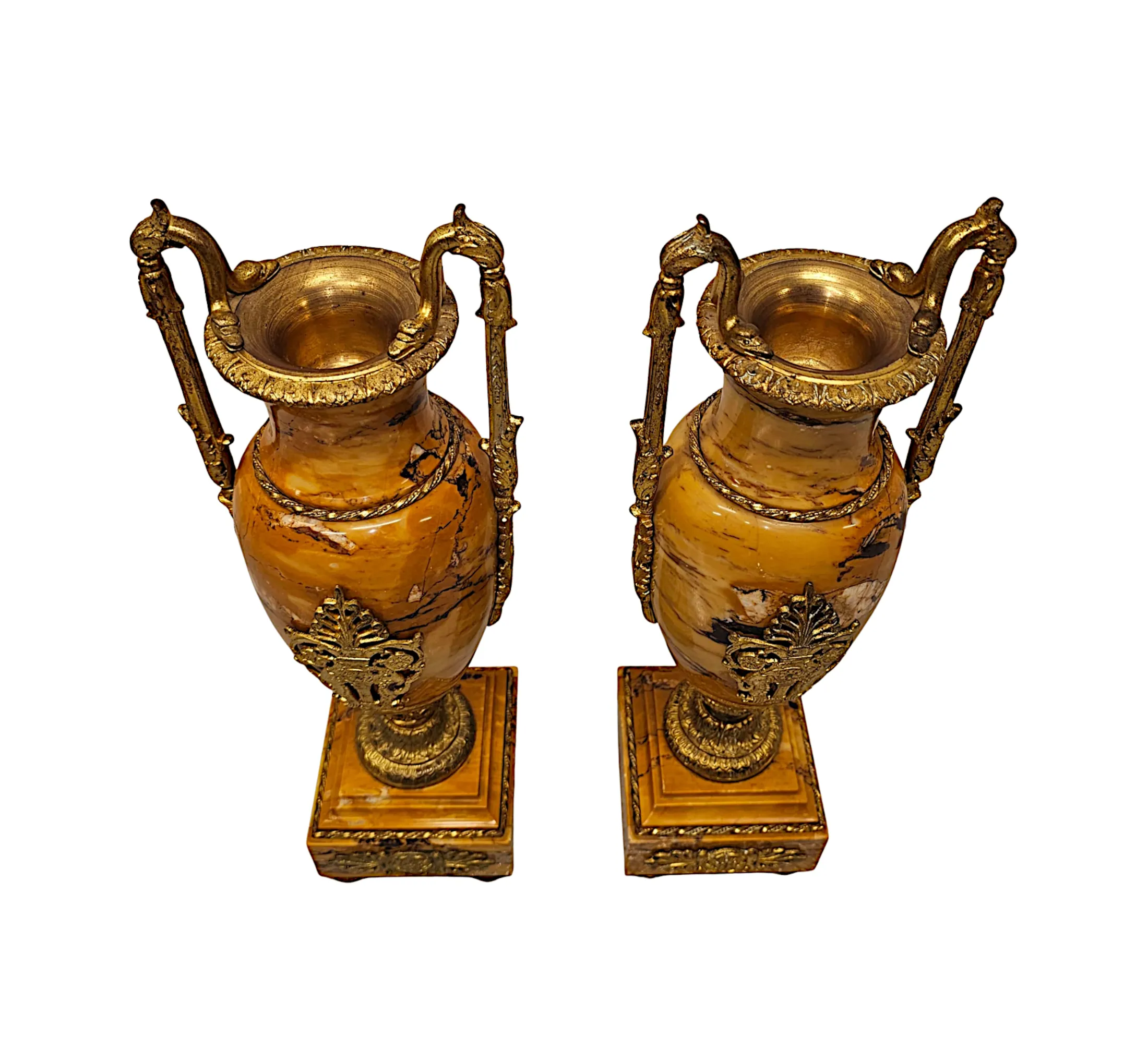 A Very Rare and Fine Pair of 19th Century Sienna Marble Urns with Gilded Bronze Mounts