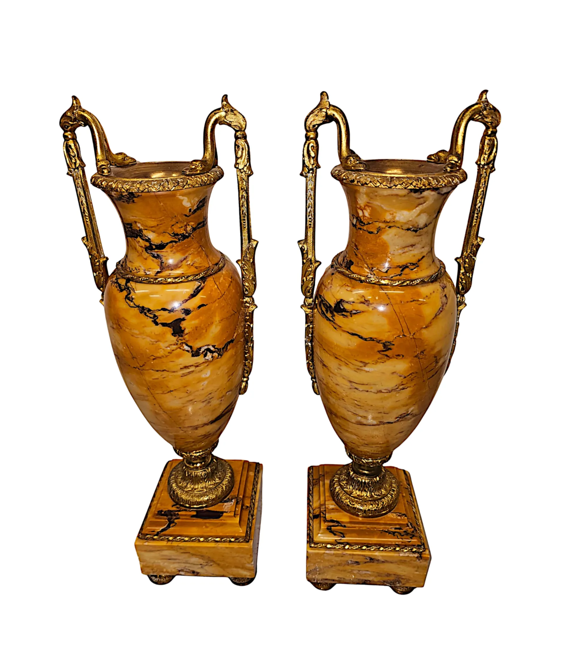 A Very Rare and Fine Pair of 19th Century Sienna Marble Urns with Gilded Bronze Mounts