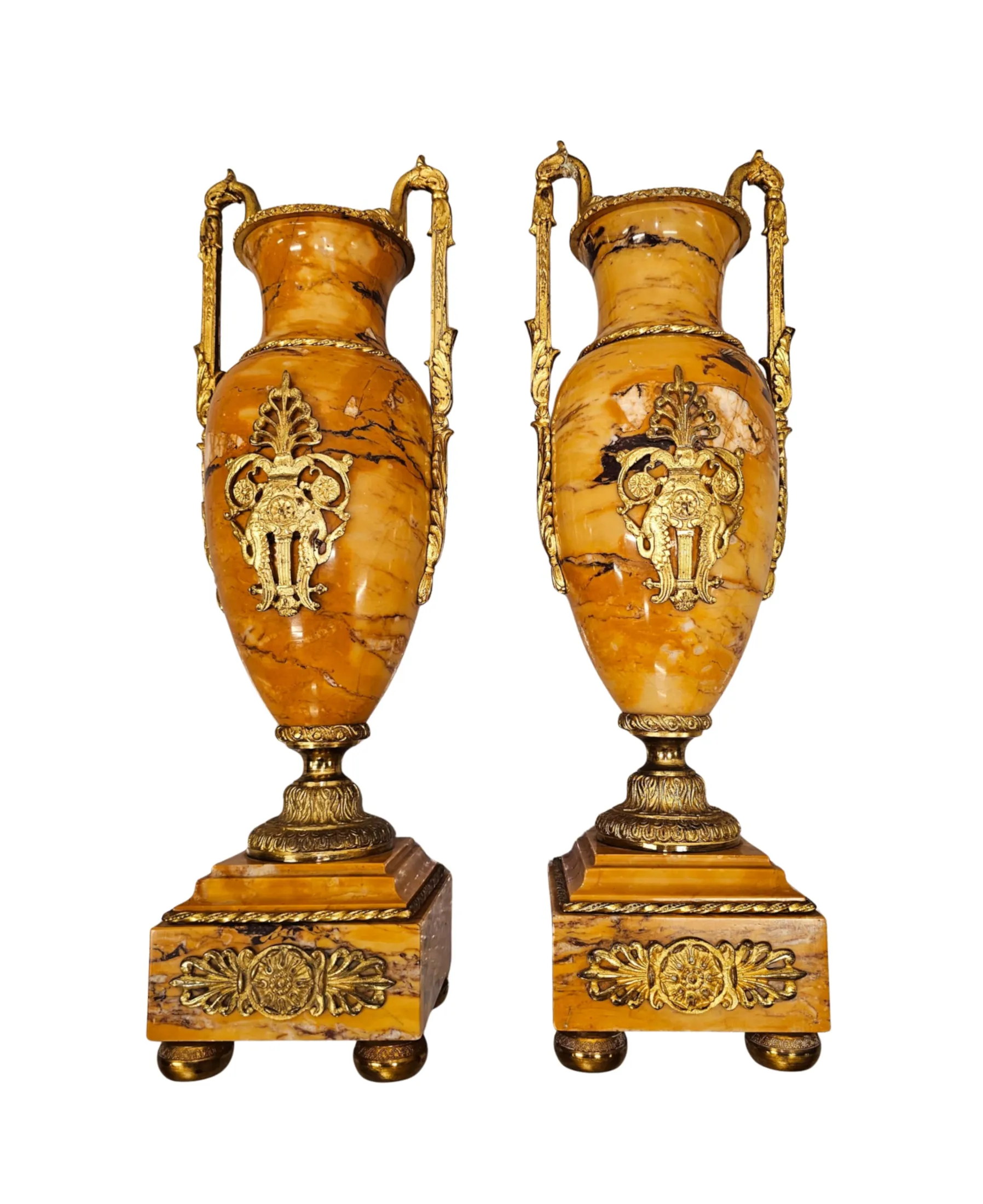 A Very Rare and Fine Pair of 19th Century Sienna Marble Urns with Gilded Bronze Mounts