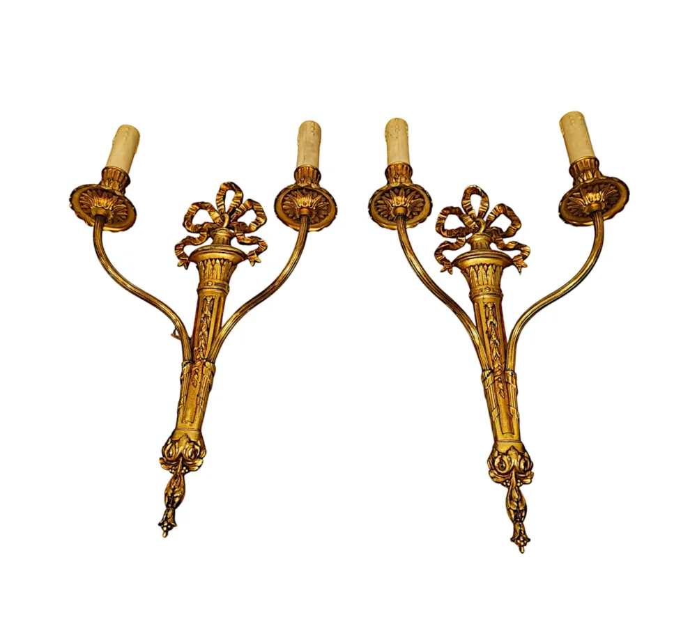 A Stunning Pair of Early 20th Century Gilded Bronze Wall Lights