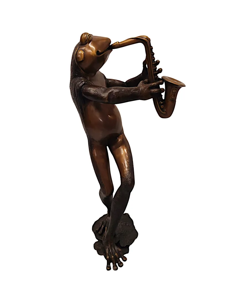 A Very Fine Bronze Animalier Garden Sculpture or Fountain of a Frog Playing a Saxaphone