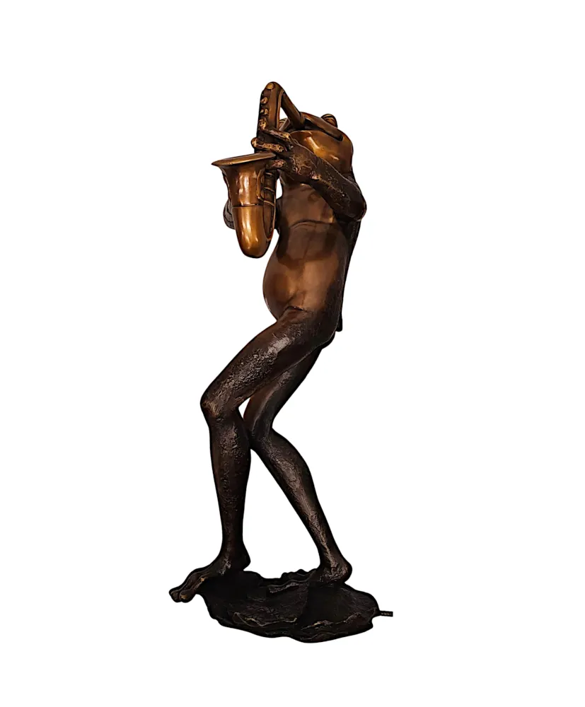 A Very Fine Bronze Animalier Garden Sculpture or Fountain of a Frog Playing a Saxaphone