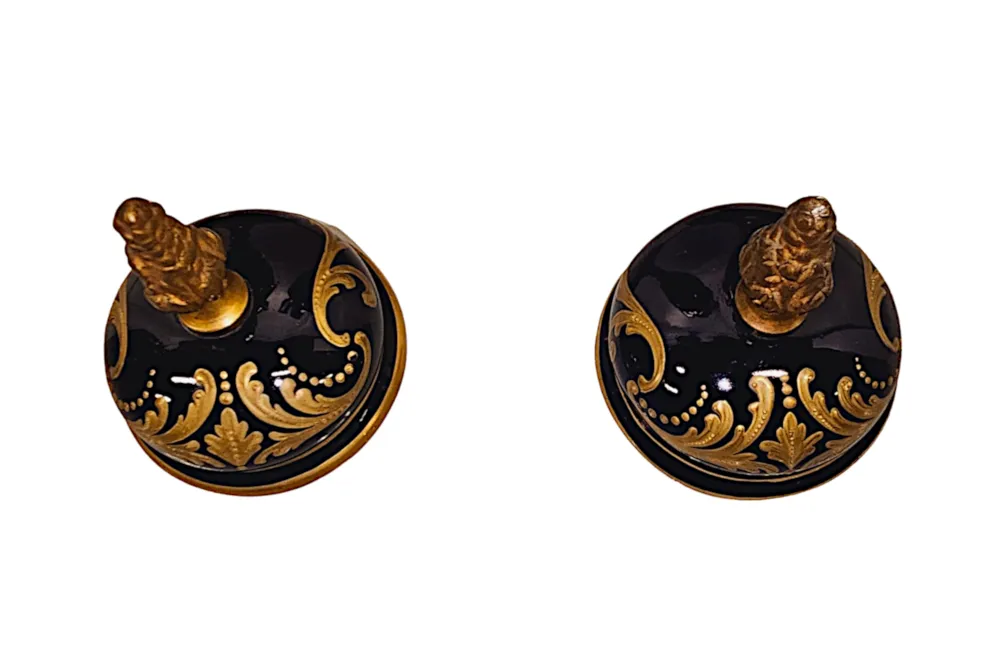 A Very Rare Pair of 19th Century French Hand Painted Sevres Style Urns with Ormolu Mounts
