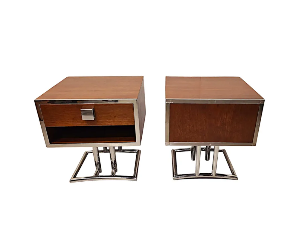 A Very Fine Pair of Mid Century Design Walnut and Chrome Side or Bedside Tables