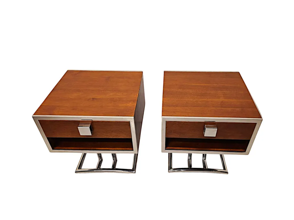 A Very Fine Pair of Mid Century Design Walnut and Chrome Side or Bedside Tables
