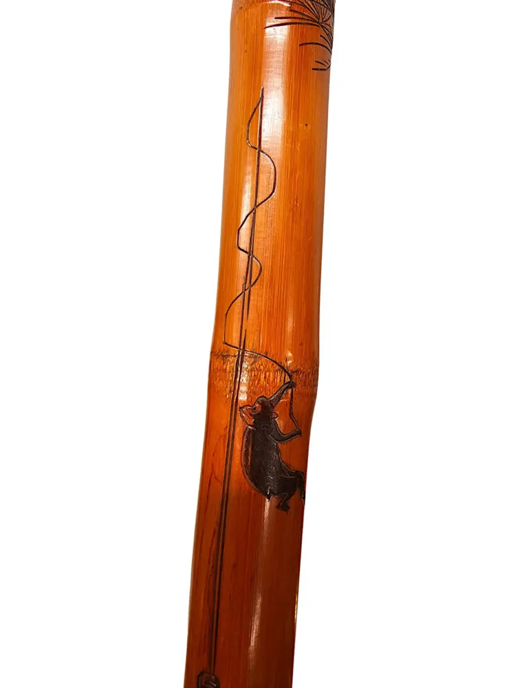  A Very Rare 19th Century Carved Bamboo Walking Stick Which Extends To A Fishing Rod