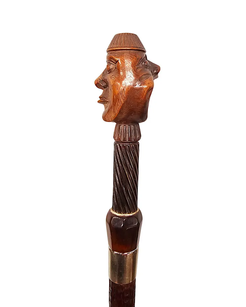 A Very Rare 19th Century Gadget Nut Cracker Walking Cane with a Pair of Carved Heads