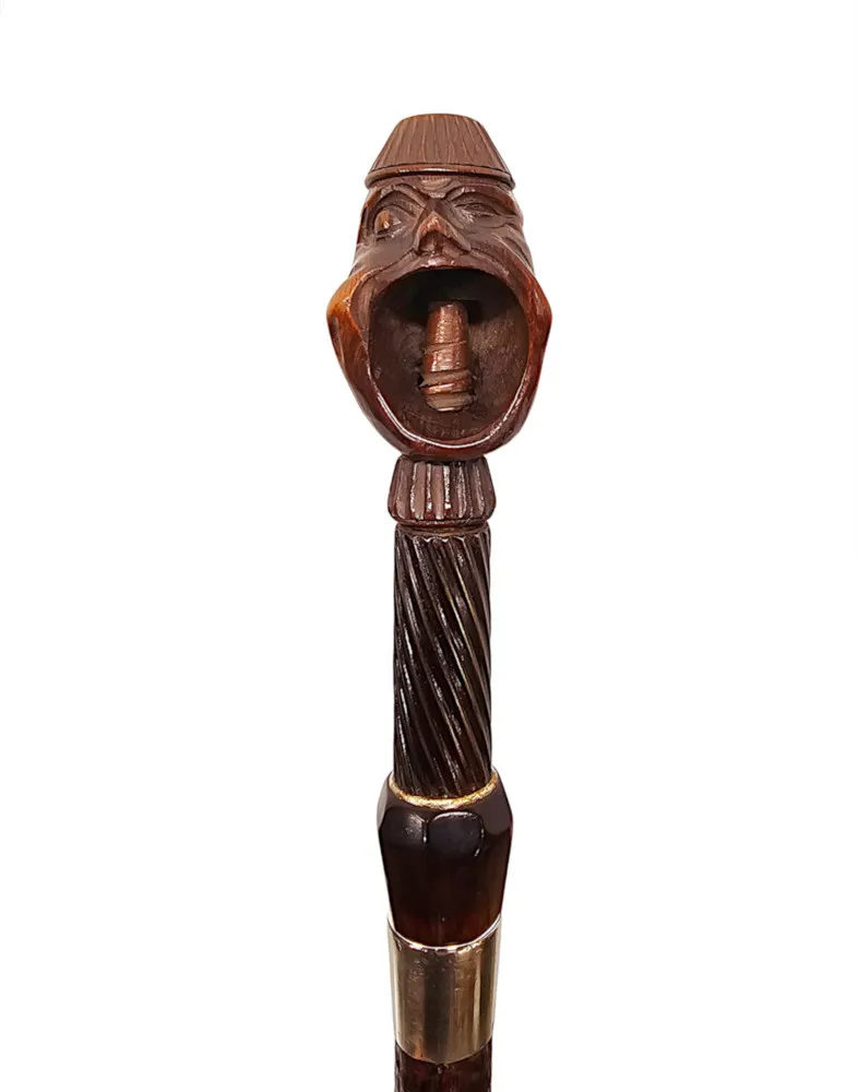 A Very Rare 19th Century Gadget Nut Cracker Walking Cane with a Pair of Carved Heads
